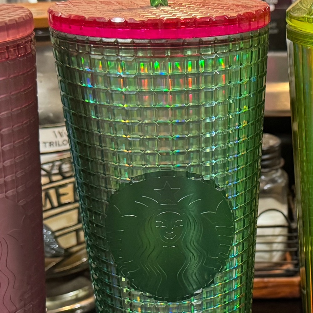 Starbucks Holographic Green Tumbler with Pink Top